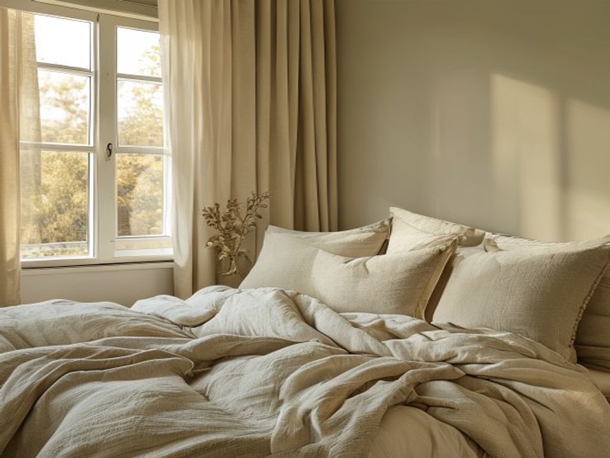 Bedroom corner showing layered bedding, soft pillows, and warm lighting