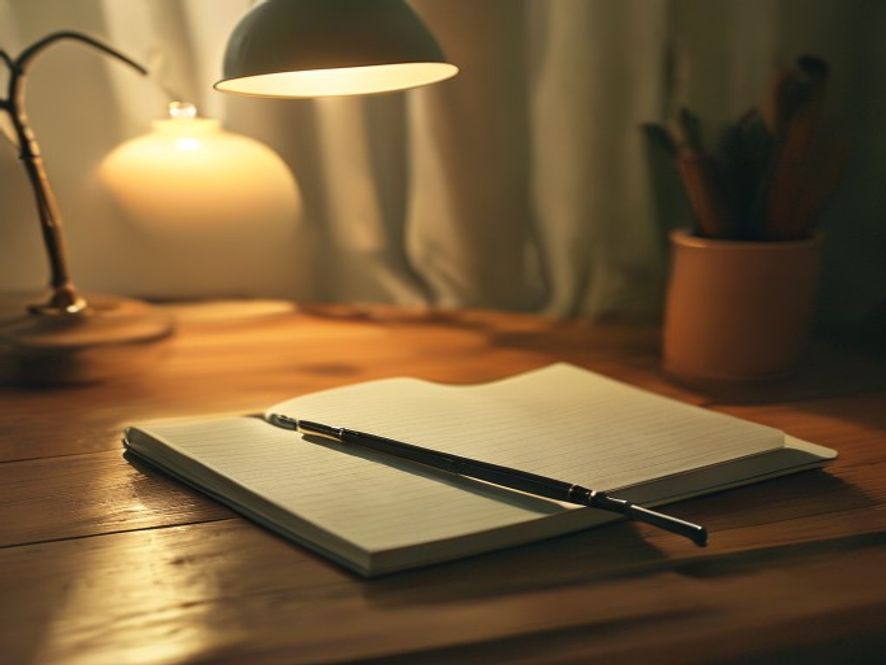 Cosy notebook and pen on a desk with warm evening lamplight