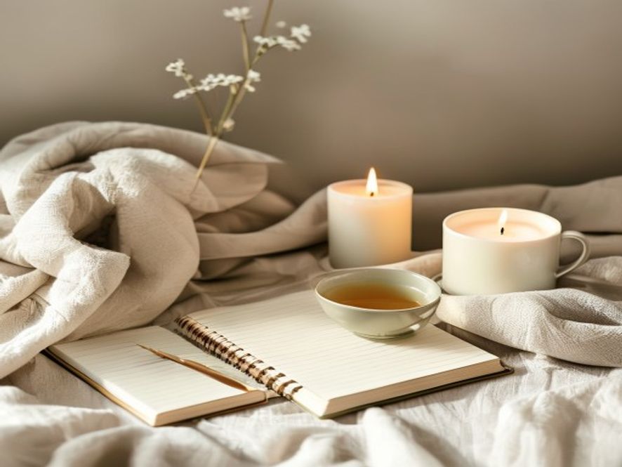 Collection of evening essentials: tea cup, notebook, candle, and soft blanket arranged thoughtfully