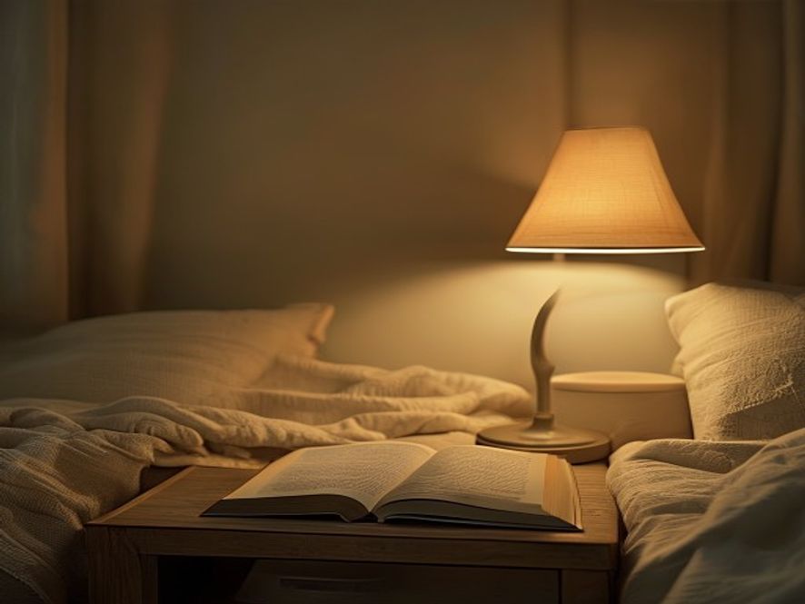 Cosy bedroom with warm lamplight and open book on nightstand