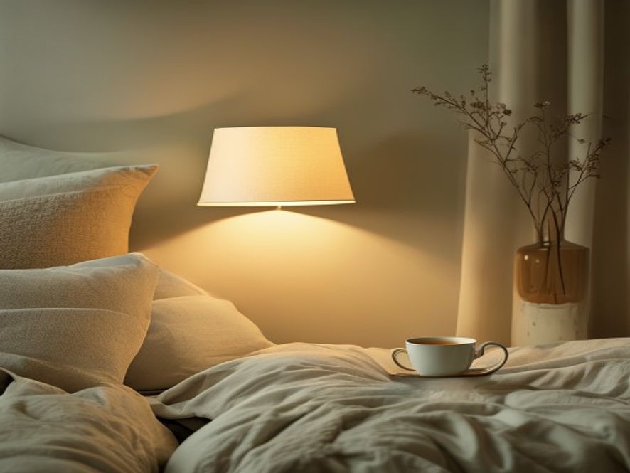 Serene evening room with soft lighting and a cup of tea on bedside table