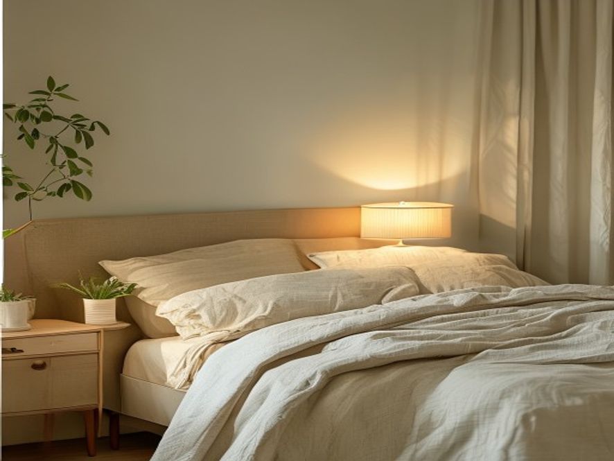 Serene bedroom with soft bedding, warm lamplight, and tidy nightstand