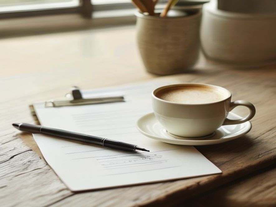 Printed checklist on a clipboard next to a pen and morning coffee